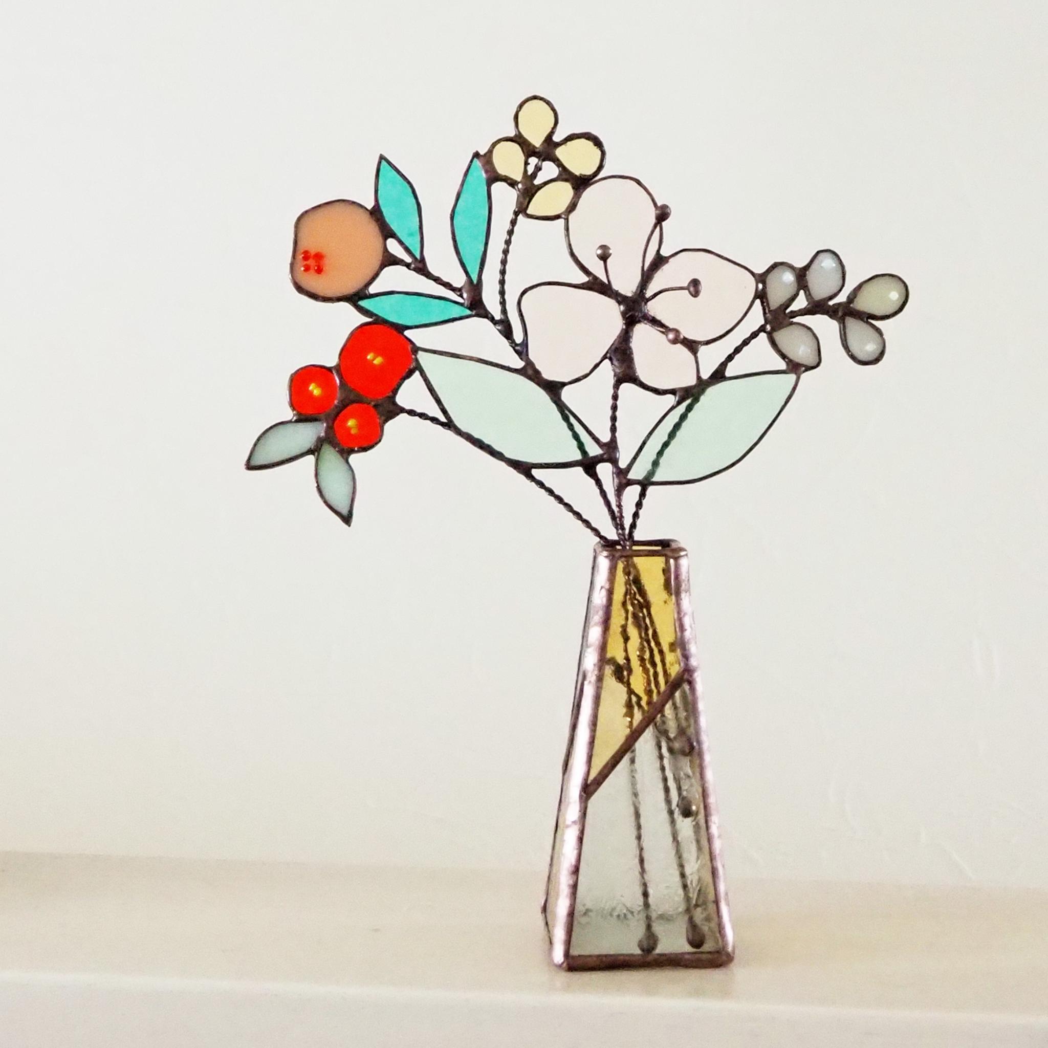 花束つき♪ステンドグラスの一輪挿し（イエロー） | 2枚目