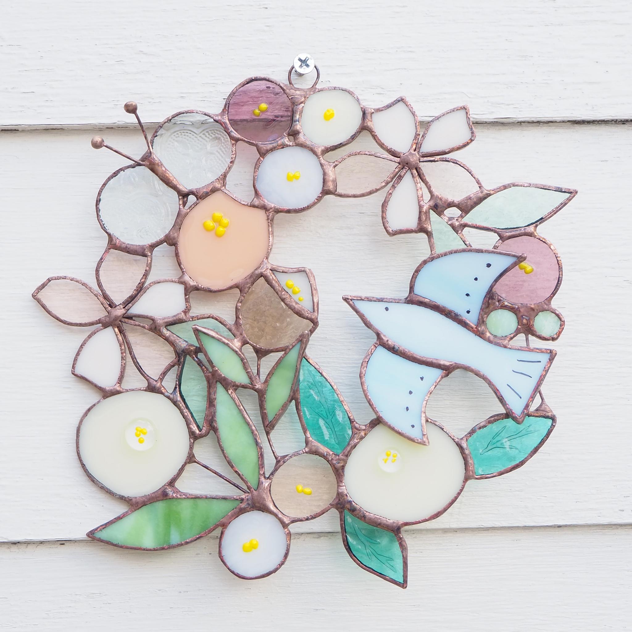 お花いっぱいステンドグラスのさくら色リース | 11枚目