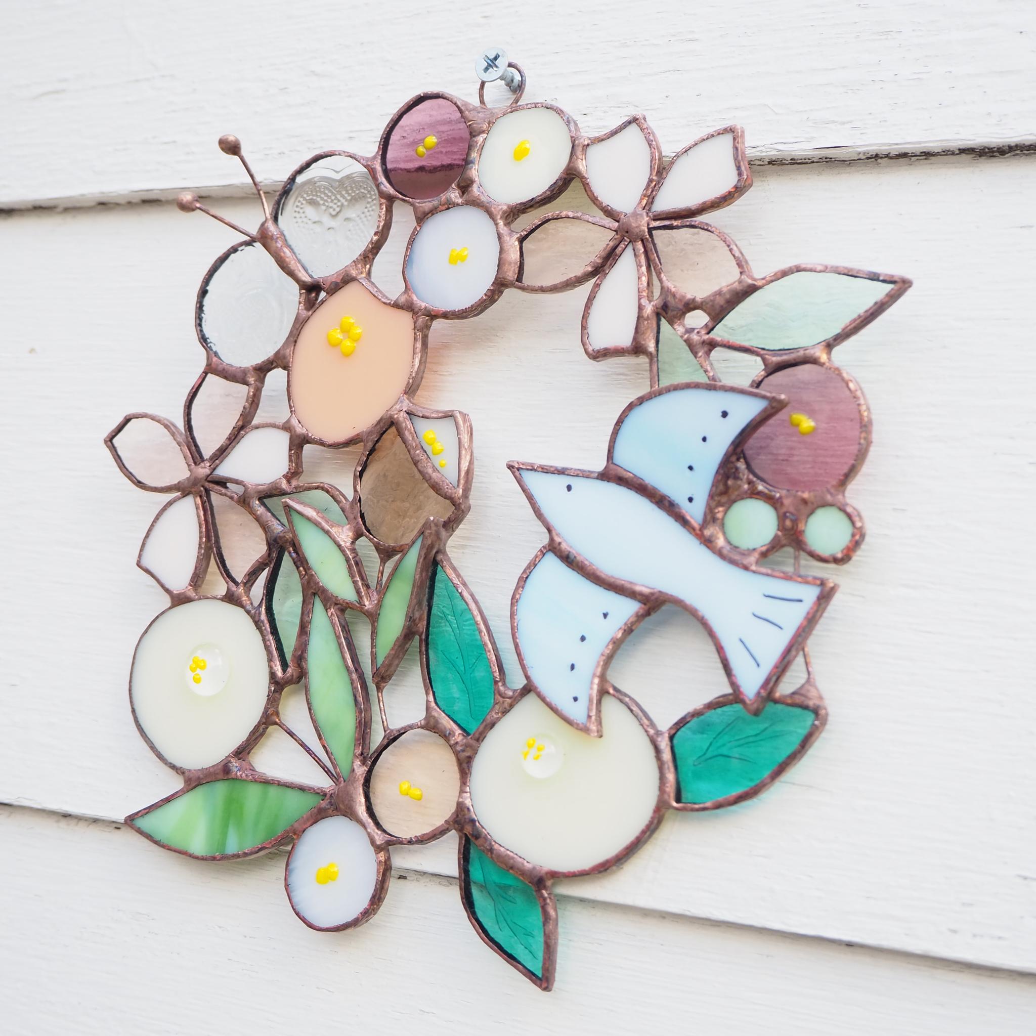 お花いっぱいステンドグラスのさくら色リース | 10枚目