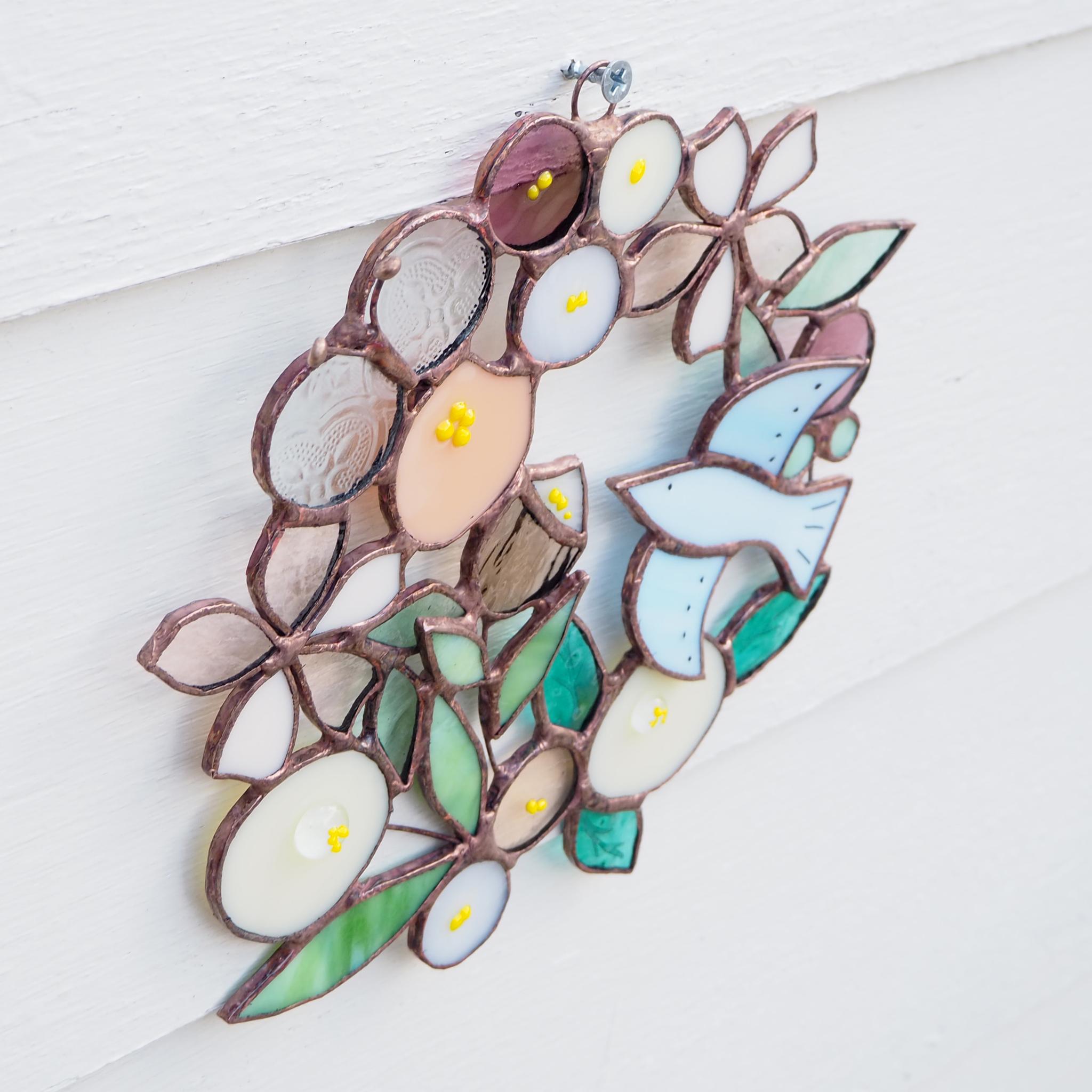 お花いっぱいステンドグラスのさくら色リース | 13枚目